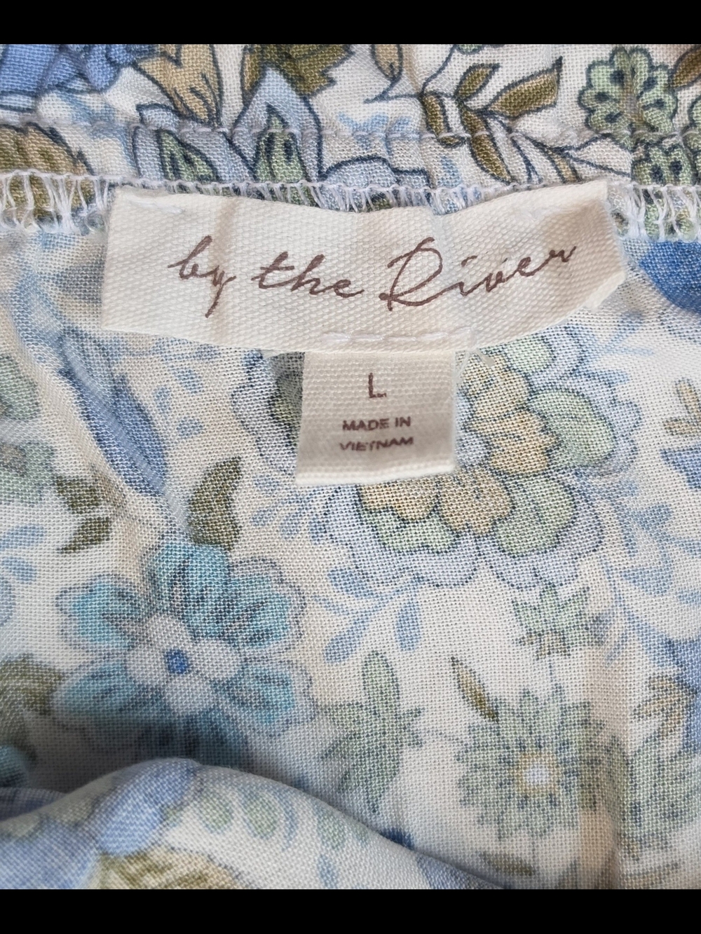By The River Floral Maxi Dress Womens L Blue White Smocked Waist Puff Sleeves Bo - Picture 7 of 13